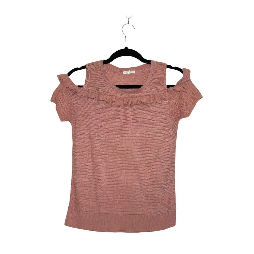 Maurices Light Pink Ruffle Cold Shoulder Knit Sweater Small Women’s